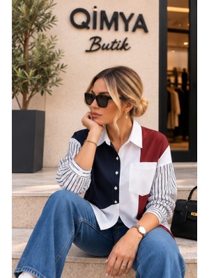 Qimya Butik Nox Kadın Çizgili Kolları Serpme Taşlı Penye Renk Bloklu Arkası V Yırtmaçlı Oversize Gömlek