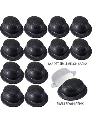 Ulu Pazarlama Siyah Renk Simli Melon Yuvarlak Parti Şapkası 12 Adet