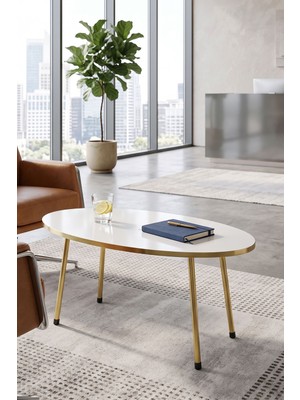 Ulu Pazarlama Gold Oval Sehpa Seti Beyaz 4'lü