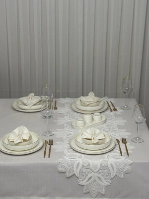Ulu Pazarlama Masa Örtüsü Yemek Takımı 12 Kişilik 26 Parça Fransız Dantelli - Ekru