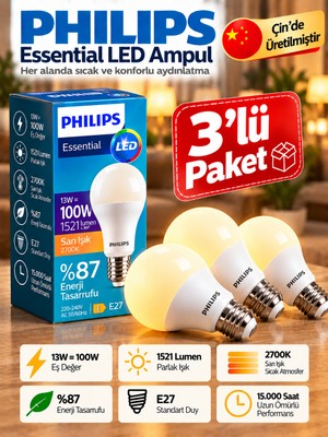 Philips (3 Adet) 13W SARI IŞIK (2700K) E27 DUYLU (Kalın Duy) LED Ampul
