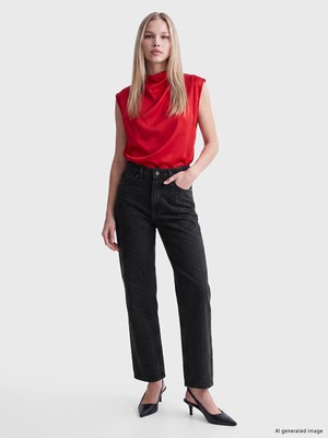 Lc Waikiki Yeni Sezon Siyah Straight Fit Taşlı Kadın Jean Pantolon