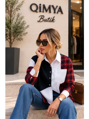 Qimya Butik Nox Kadın Kolları Ekose Penye Renk Bloklu Arkası V Yırtmaçlı Oversize Gömlek