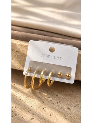 Dore Collection Kadın Gold Renk 6'lı Çoklu Küpe Seti Halka ve Top Küpe Kombini
