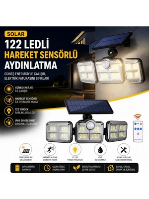 Findit 3&amp;apos;lü 122 Ledli Güneş Enerjili Hareket Sensörlü Aydınlatma, Dış Mekan Duvar ve Bahçe Lambası Solar LED (2818)