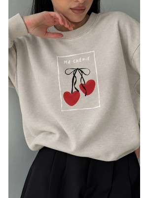 Monila Kadın Premium Kumaş 3 Iplik Kiraz Baskılı Sweatshirt