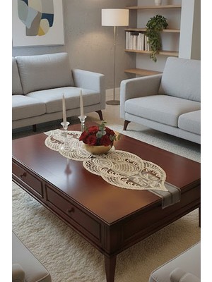 Bezos Fransız Dantel Detaylı Tek Runner, Masa Üzerine Runner, Masa Örtüsü Runneri
