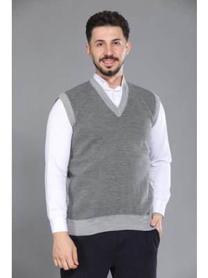 Kzc Tekstil Erkek Baba ve Orta Yaş Örgü Desenli Akrilik Kalın Dokulu V Yaka Triko Süveter