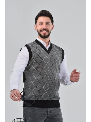 Kzc Tekstil Erkek Baba ve Orta Yaş Baklava Çizgi Desenli Akrilik Kalın Dokulu V Yaka Triko Süveter