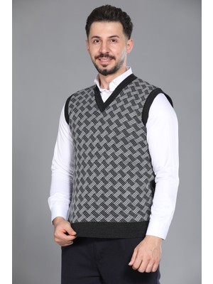 Kzc Tekstil Erkek Baba ve Orta Yaş Desenli Akrilik Kalın Dokulu V Yaka Triko Süveter