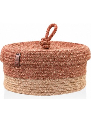 The Mia SPT0027 Jutte Kapaklı Yuvarlak Sepet Bambu Kiremit 25X15 cm