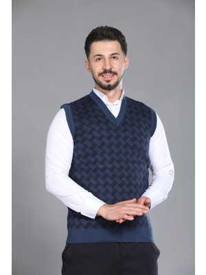 Kzc Tekstil Erkek Baba ve Orta Yaş Desenli Akrilik Kalın Dokulu V Yaka Triko Süveter