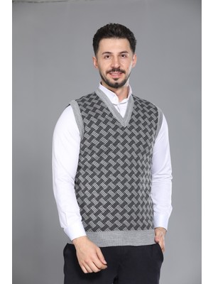 Kzc Tekstil Erkek Baba ve Orta Yaş Desenli Akrilik Kalın Dokulu V Yaka Triko Süveter