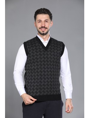 Kzc Tekstil Erkek Baba ve Orta Yaş Desenli Akrilik Kalın Dokulu V Yaka Triko Süveter