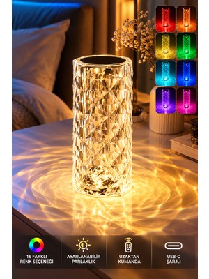 Seburam Collection Kumandalı Dokunmatik Kristal Abajur 16 Renk 4 Mod USB Masa Lambası – Dekoratif Başucu ve Komodin Lambası 21×9 cm