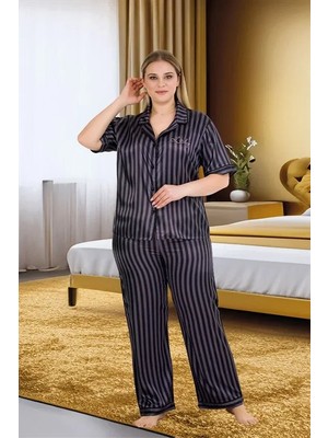 Esranın Dünyası Büyük Beden Şık Tasarım Siyah Çizgili Düğmeli Kısa Kol Lüx Saten Pijama Takımı