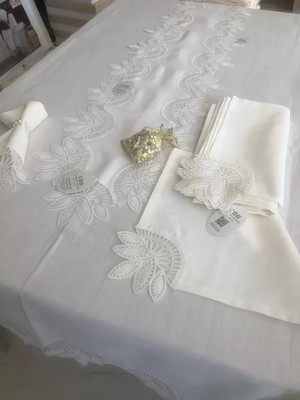 Esranın Dünyası Sofra Takımı Lady Gardenya Keten Yemek Takımı 160X220 Masa Seti 12 Kişilik 26 Parça Runner Set Krem