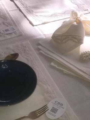 Esranın Dünyası Sofra Takımı Lina Gardenya Keten Yemek Takımı 160X260 Masa Seti 12 Kişilik 26 Parça Runner Set Krem