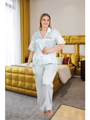 Esranın Dünyası Büyük Beden Şık Tasarım Mavi Çizgili Düğmeli Kısa Kol Lüx Saten Pijama Takımı