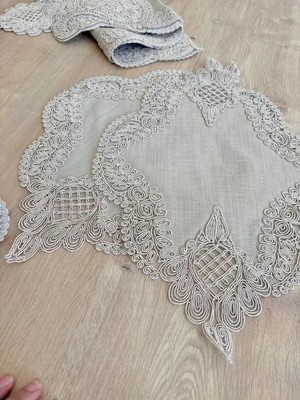 Esranın Dünyası Salon Takımı Çeyizlik Krem Runner Set 5 Parça Keten Masa Örtüsü Runneri Gerdan