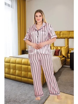 Esranın Dünyası Büyük Beden Şık Tasarım Pembe Siyah Çizgili Düğmeli Kısa Kol Lüx Saten Pijama Takımı