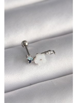 Efnaz Style 316L Çelik Gümüş Renk Zirkon Taş Detay Beyaz Çiçek Model Tragus Piercing