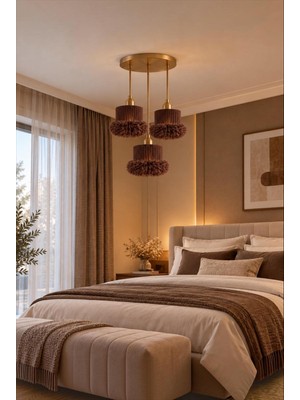 Elizim Home Lighting Alessa 3’lü Tütü Avize – Eskitme Tepsili Kahverengi Tül Başlıklı Yatak Odası- Oturma Odası- Genç Odası Dekoratif Sarkıt Avize