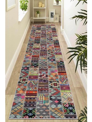 Tr Makinede Yıkanabilir Kaymaz Tabanlı Patchwork Rulo Yolluk Halı AR980, Çok Renkli, 80 x 330