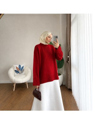 RFK Butik Kadın Oversize Bisiklet Yaka Tesettür Kazak - Kırmızı