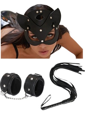 Esranın Dünyası Tegan Fantezi Deri Seksi Siyah Kedi Maske Kelepçe Kırbaç Seti ( 3'lü Set) TG275369