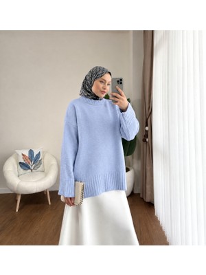 RFK Butik Kadın Oversize Bisiklet Yaka Tesettür Kazak - Bebe Mavi