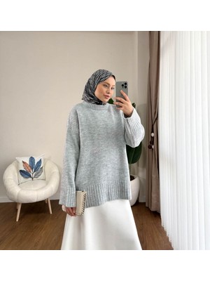 RFK Butik Kadın Oversize Bisiklet Yaka Tesettür Kazak - Gri