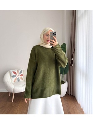 RFK Butik Kadın Oversize Bisiklet Yaka Tesettür Kazak - Yeşil
