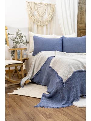 Tr Müslin 4 Katlı Yatak Örtüsü Indigo Renk Çift Kişilik Pike 240X230 cm