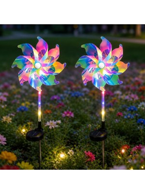 Tr Solar Enerjili Rüzgar Gülü 2'li Set, 80 cm Işıklı Bahçe Süsü, Renkli Dekoratif Rüzgar �