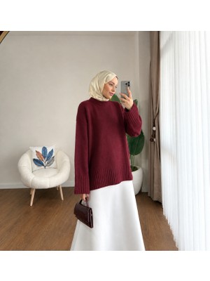 RFK Butik Kadın Oversize Bisiklet Yaka Tesettür Kazak - Mürdüm