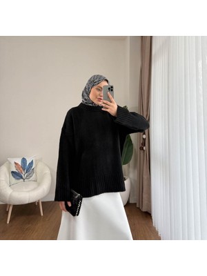 RFK Butik Kadın Oversize Bisiklet Yaka Tesettür Kazak - Siyah