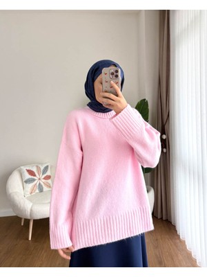 RFK Butik Kadın Oversize Bisiklet Yaka Tesettür Kazak - Pembe