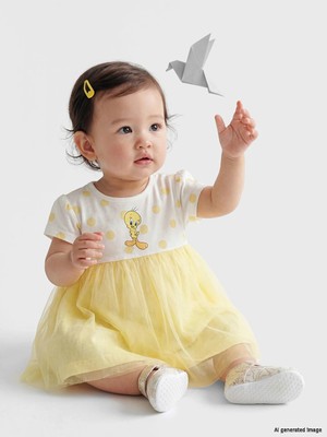 Lc Waikiki Yeni Sezon Ekru Tweety Baskılı Tüllü Kız Bebek Elbise