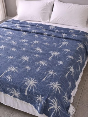 Tr Palmiye Desen 4 Katlı Müslin Pike Yatak Örtüsü Battal Boy 240X260 cm Lacivert