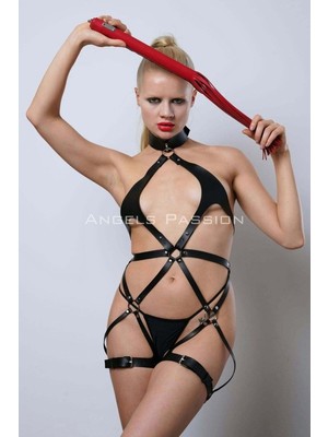 Esranın Dünyası Kırmızı Kırbaçlı Deri Harness, Full Body Deri Harness, Erotik Deri Iç Giyim - BRF1348