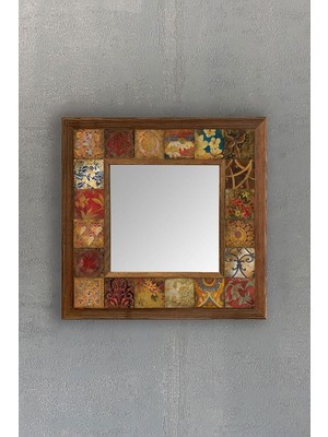 Tr Oscar Stone Decor Ahşap Çerçeveli Mozaik Doğaltaş Ayna 33 cm x 33 cm Antre Aynası AYN-016