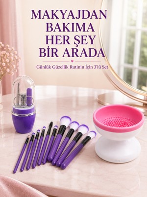 Esranın Dünyası 3’lü Güzellik ve Bakım Seti 12’li Mor Makyaj Fırçası Fırça Temizleme Cihazı ve Manikür Pedikür Tırnak Bakım Seti - Lisinya