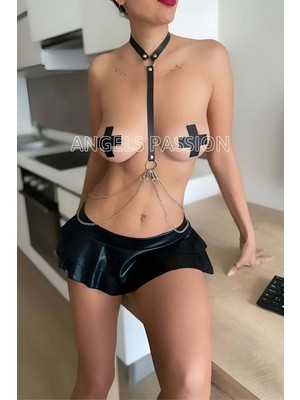 Esranın Dünyası Siyah Deri Boyun Bel Zincirli Harness - Brf2