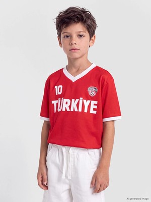 Lc Waikiki Yeni Sezon Kırmızı V Yaka Baskılı Erkek Çocuk Tişört