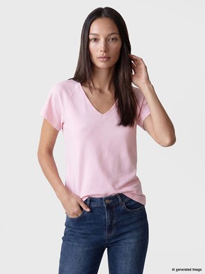 Lc Waikiki Yeni Sezon Pembe V Yaka %100 Pamuklu Kadın Tişört