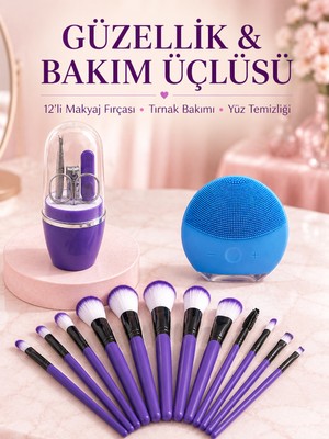 Esranın Dünyası Kadın Makyaj ve Kişisel Bakım Seti 12 Parça Makyaj Fırçası Silikon Yüz Temizleyici Manikür Pedikür Tırnak Seti - Lisinya