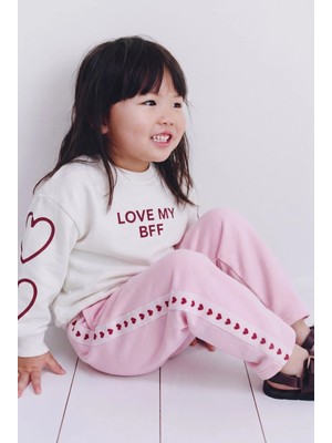 Magu Kız Çocuk Pamuklu Kalp Detaylı Ekru Sweatshirt ve Pembe Pantolon Takımı