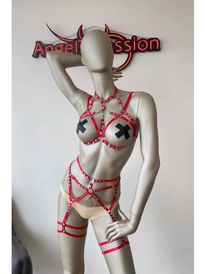 Esranın Dünyası Kırmızı Seksi Elastik Jartiyer Harness Takım