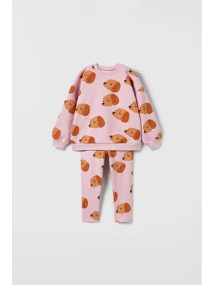 Magu Kız Çocuk Pamuklu Köpek Desenli Pembe Sweatshirt ve Tayt Takımı